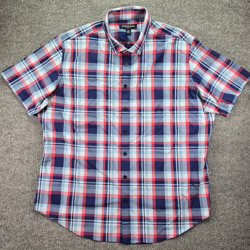 Mizzen Main Shirt Mens XXL Navy Plaid Leeward Performance Stretch Short Sleeve